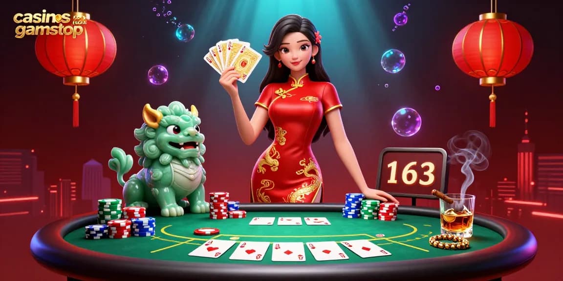 Engage with casinos not on gamstop in an ultra-detailed poker scene featuring a woman in a qipao dress and a jade guardian.