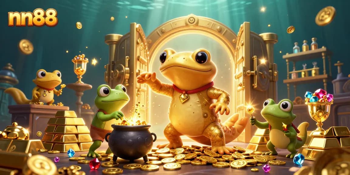 Win big at nn88 casino with an enchanting 3D illustration featuring golden treasures and magical alchemy.