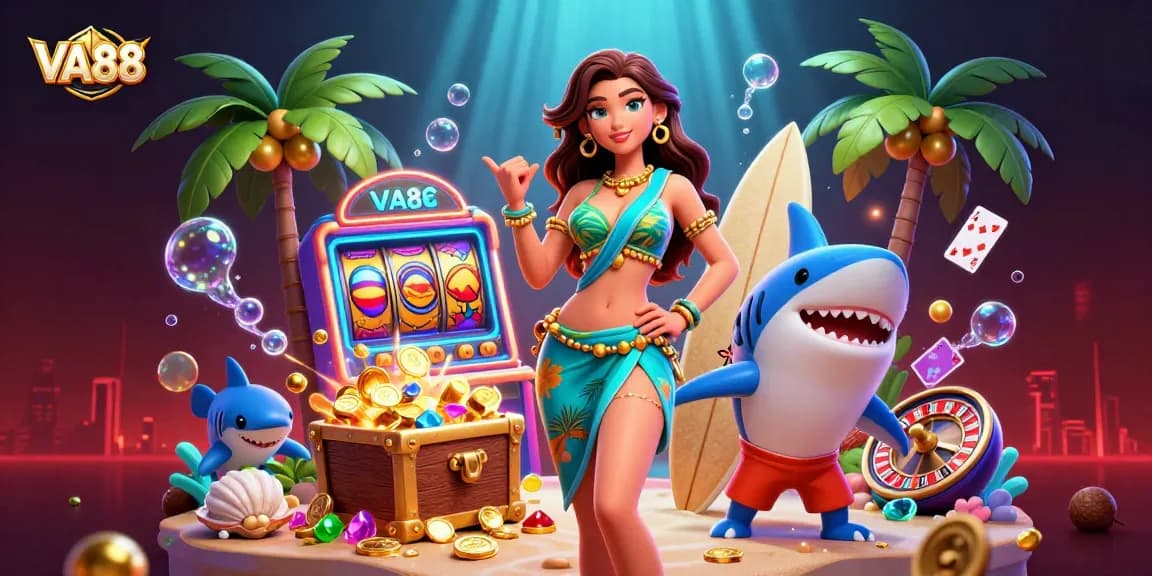 VA88 offers thrilling gameplay with vibrant slots and an engaging beach scene illustration.