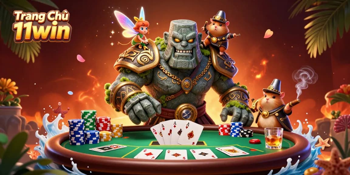 Engage with the thrilling world of Trang Chủ 11win featuring animated characters and a vibrant poker scene.