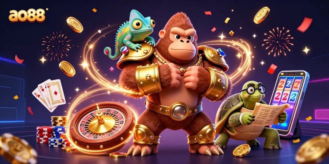 ao88 showcases a dynamic scene with a powerful gorilla king and chameleon companion amidst sparkling casino elements.