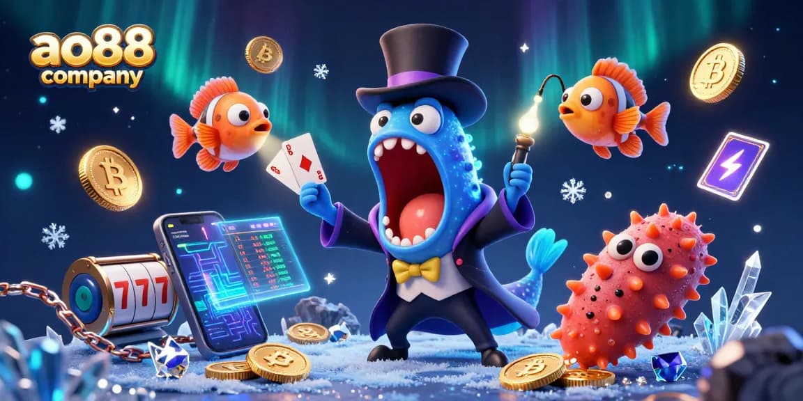 Play exciting games at ao88 company, featuring vibrant characters and glowing casino elements.