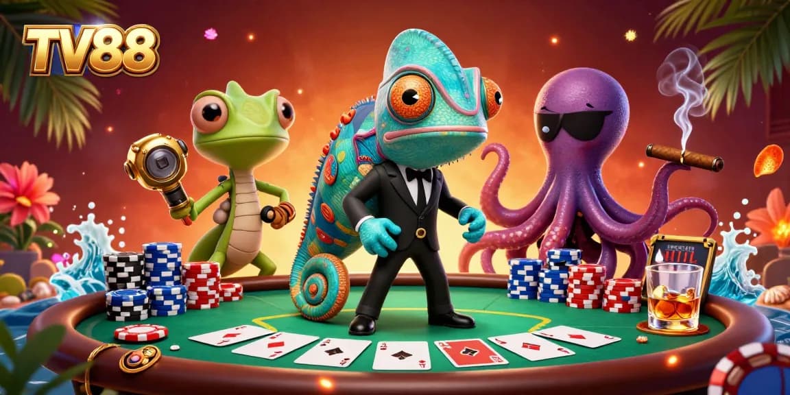 Engage in thrilling poker action at TV88 with characters showcasing winning hands