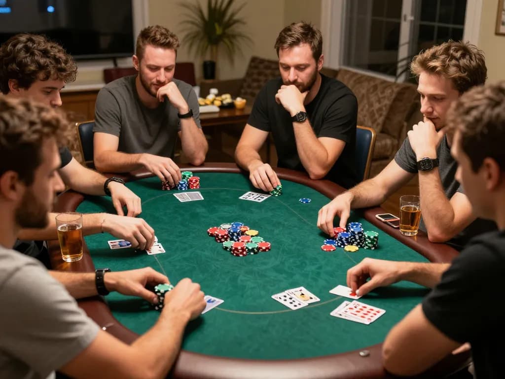 Xoilac players enjoying a thrilling home poker game, colorful chips and cards visible, engaging atmosphere.