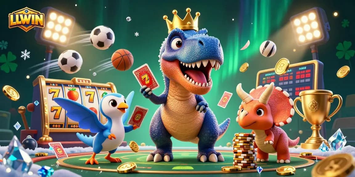 LLWIN engages players with an exciting slot experience featuring animated dinosaurs, dynamic casino elements, and vibrant graphics.