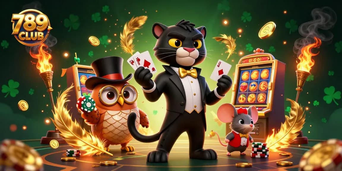 Engage with 789CLUB's vibrant gaming world featuring a stylish panther dealer and fun casino elements.