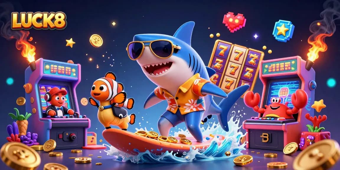 LUCK8 presents a thrilling scene with vibrant slot reels, energetic characters, and immersive casino elements.