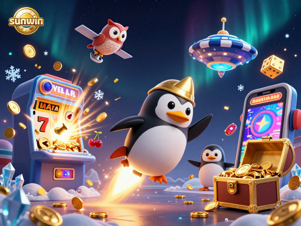 Experience the thrill of sunwin with a golden penguin soaring to a jackpot casino in this vibrant 3D scene.