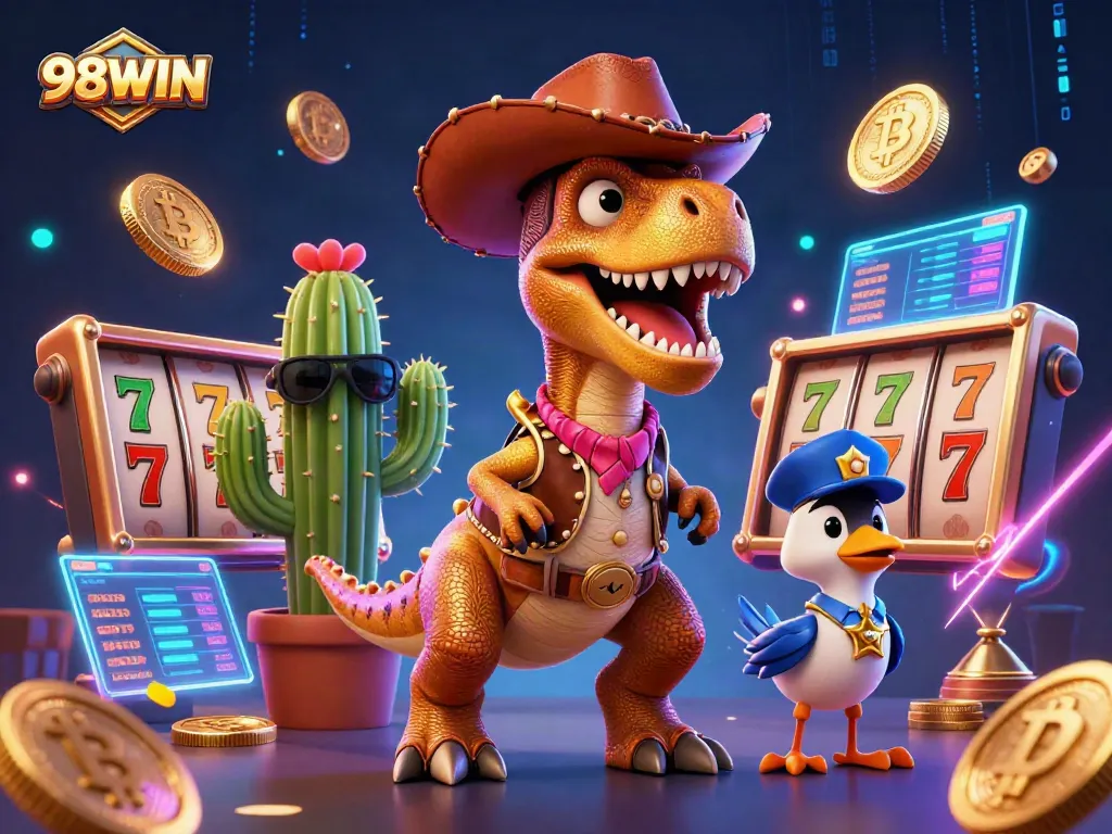 Engage with 98WIN for thrilling slot gameplay featuring a cartoon dinosaur and vibrant casino elements.