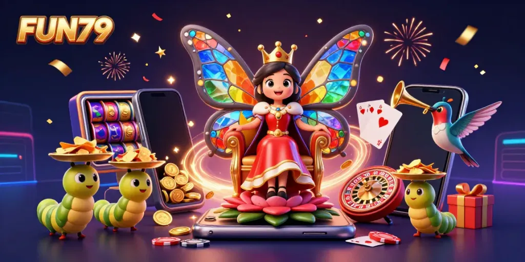 Engage with FUN79's vibrant fantasy universe featuring a butterfly queen amidst thrilling casino elements.