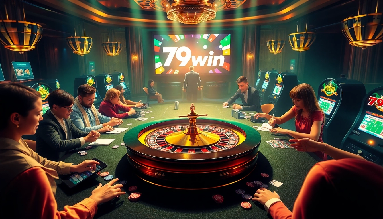 Players engaging at a casino table with 79win branding, showcasing excitement and professionalism.