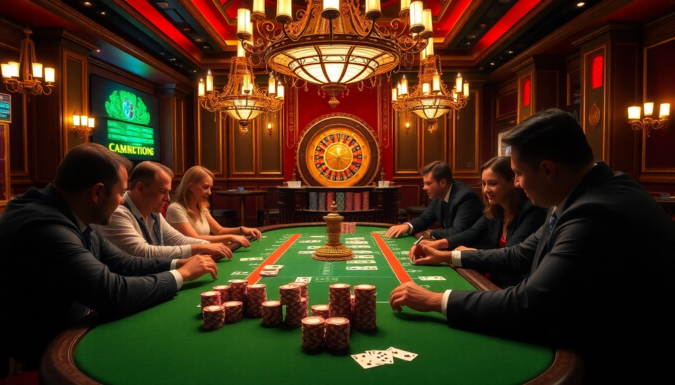 Intense poker game action at the luxurious 77Bet casino with vibrant chips and cards.