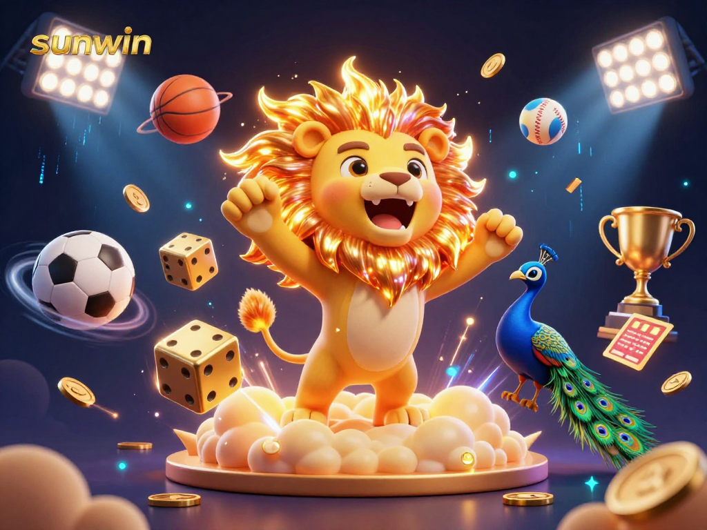 Engage with sunwin's exciting casino gaming scene featuring a roaring sun lion and dynamic sports elements.