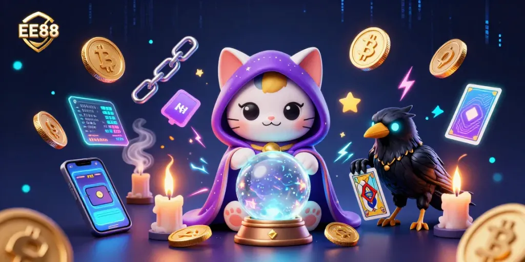 Engage with EE88's enchanting casino experience featuring a mystic cat and glowing elements.