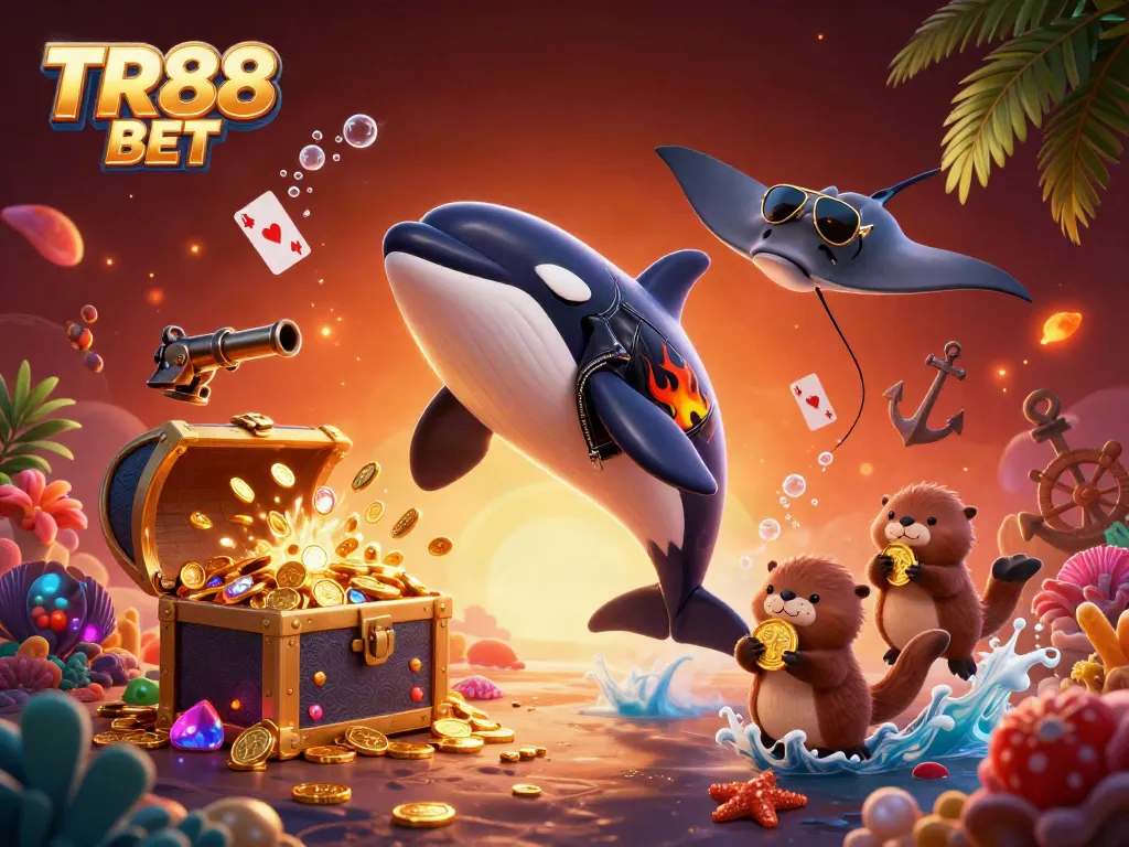 Engage with TR88 BET as the orca and stingray celebrate underwater riches and gambling fun.