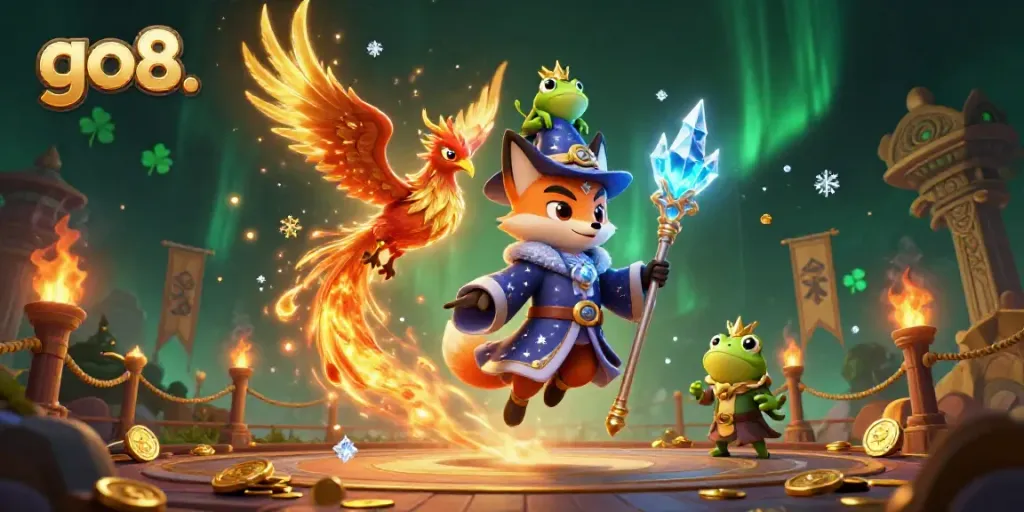 Experience thrilling gambling with go8. featuring mystical wizard and phoenix in a vibrant casino scene.