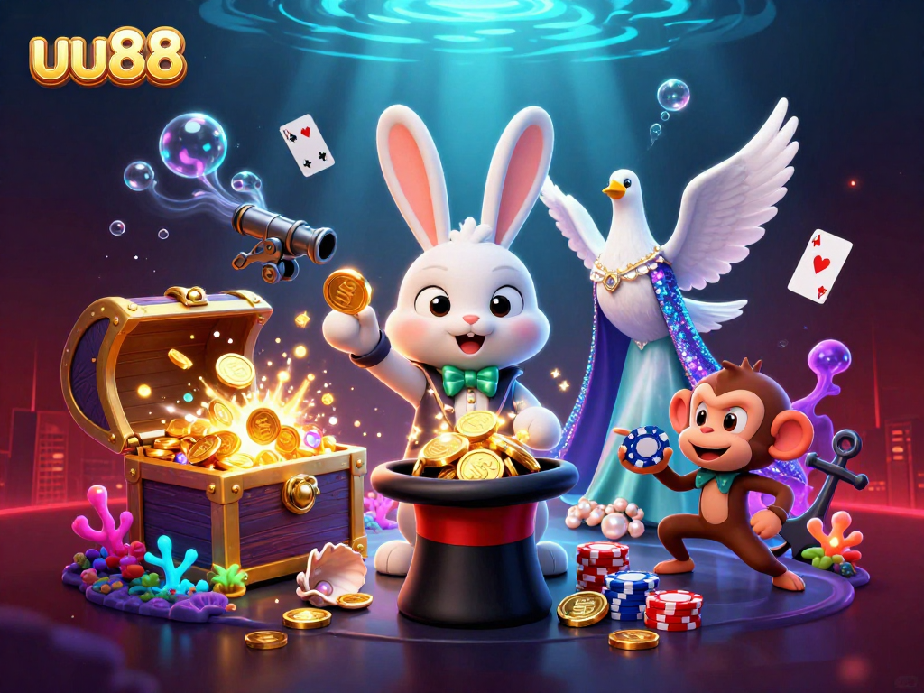 Experience the magic of uu88 with a magician rabbit, dove assistant, and monkey stealing poker chips in a vibrant casino scene.