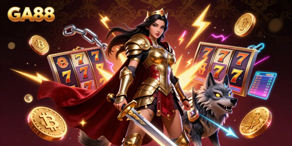 Experience winning strategies with GA88, featuring a warrior queen amidst vibrant slot reels and cryptocurrency elements.