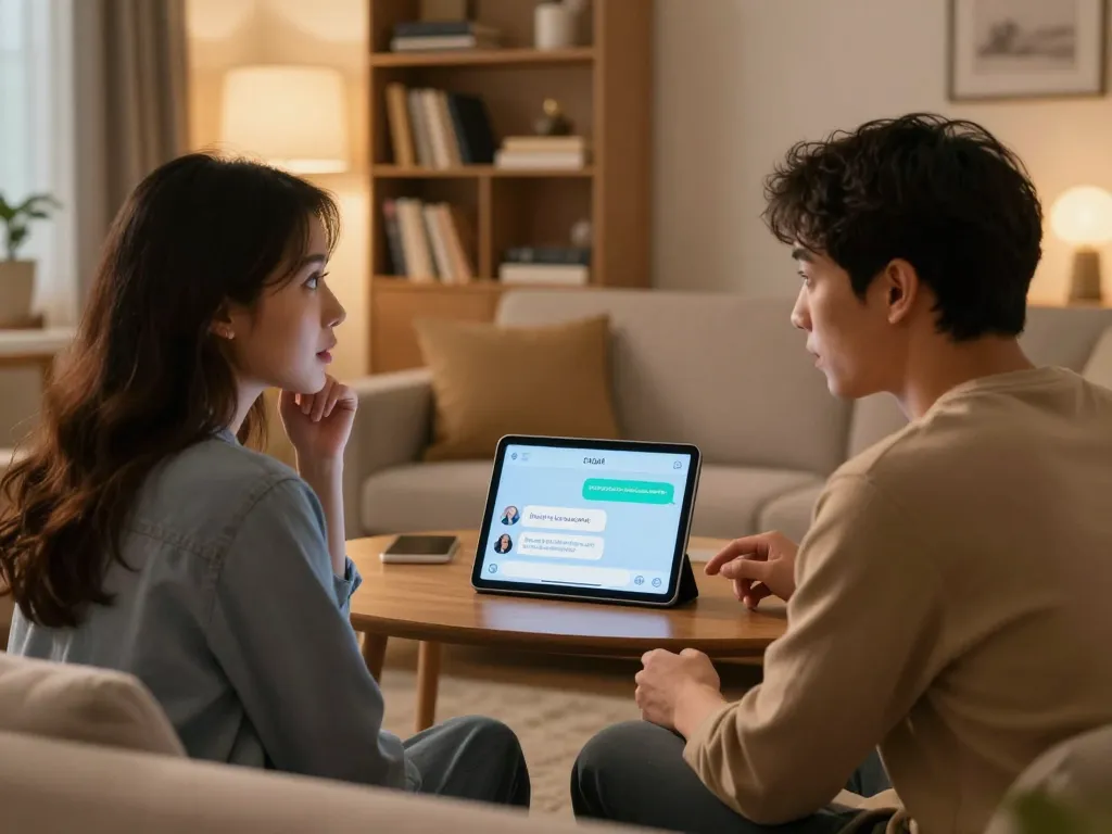 Couple interacting with sex AI chatbot in cozy living room, showcasing human and technology connection.