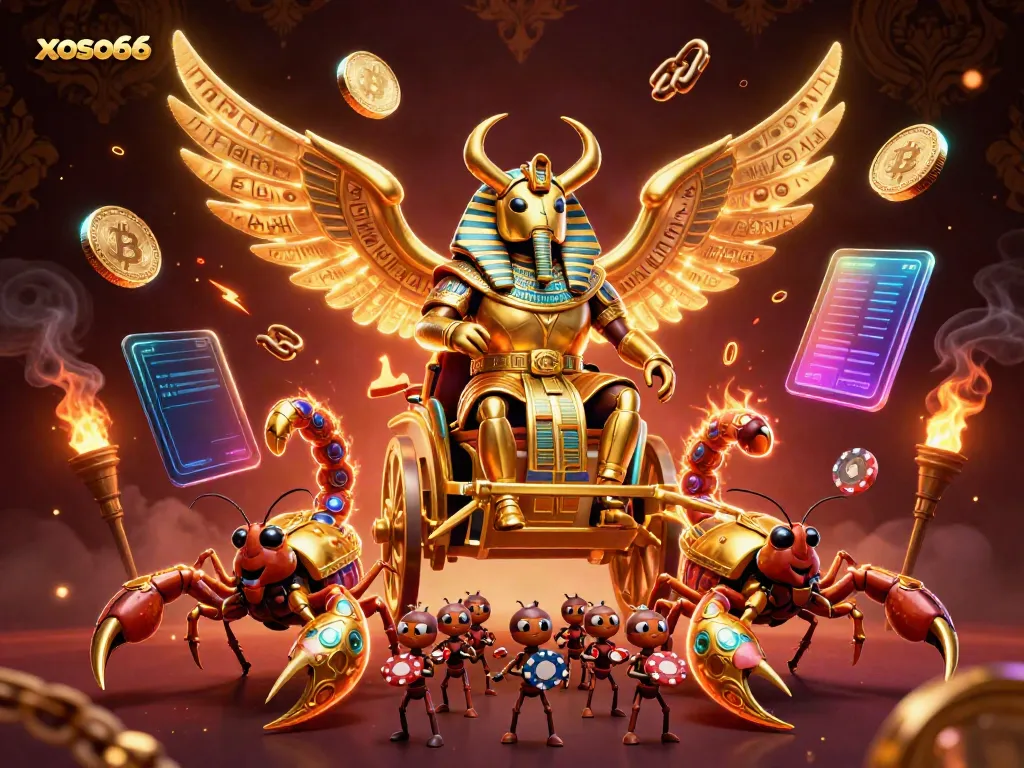 Experience xoso66 with a vibrant scene showcasing a golden scarab chariot, scorpions, and crypto elements.