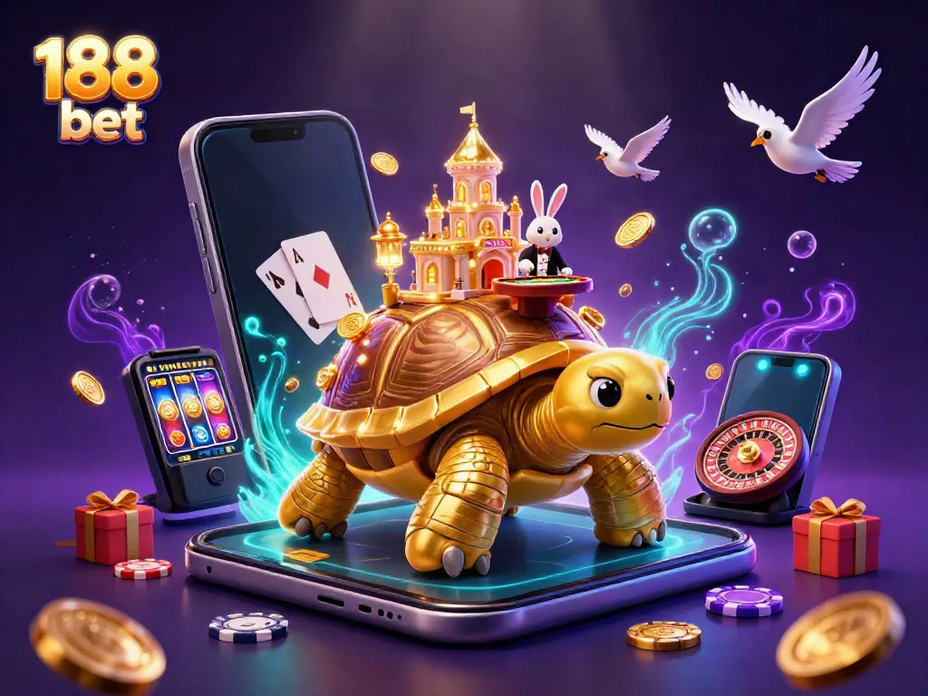 Experience the excitement of 188 bet with a vibrant 3D casino scene featuring a golden tortoise and dealer.