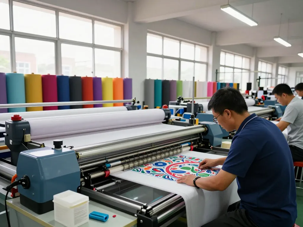 Sunwin textile manufacturing scene showcasing skilled workers and vibrant fabric rolls in a modern factory.