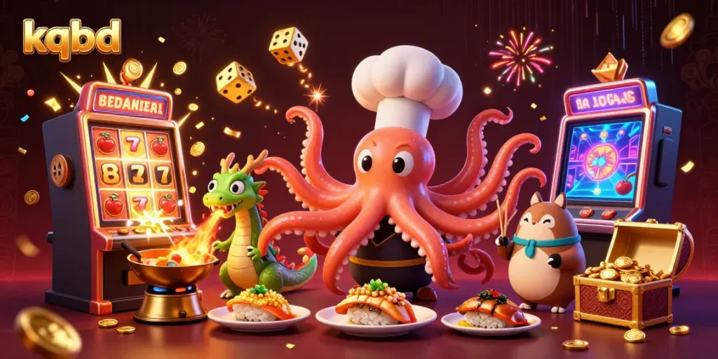 Experience thrilling kqbd action with a dynamic 3D sushi chef octopus, dragon, and tanuki in an exciting casino atmosphere.