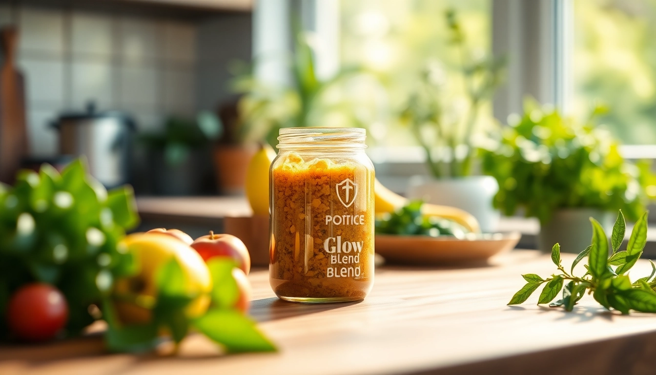 Showcase Glow Blend jar surrounded by fresh fruits and herbs on a kitchen countertop.