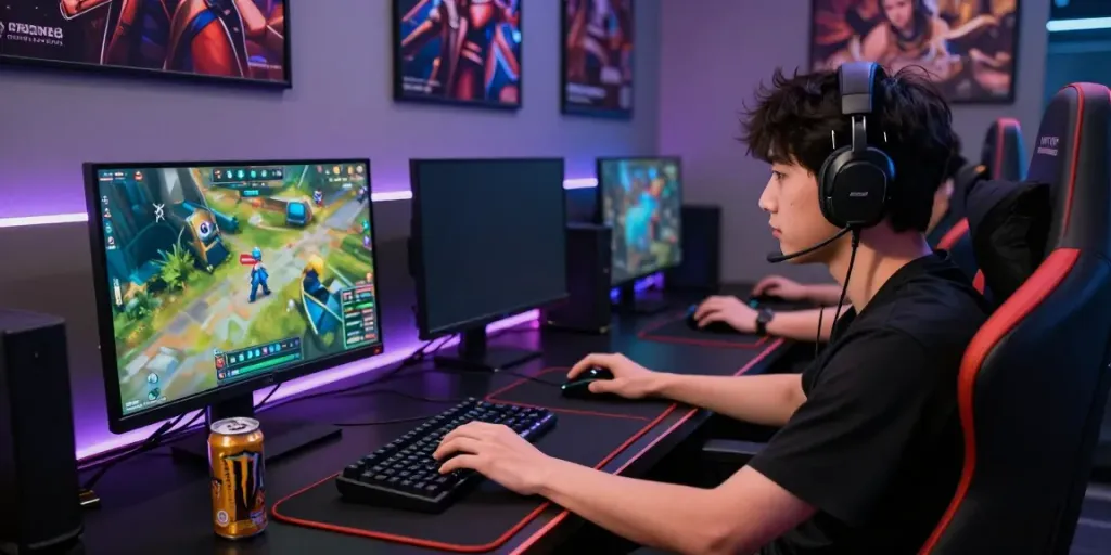 Competitive player enjoying ORION88 APK on dual monitors in a vibrant gaming setup.