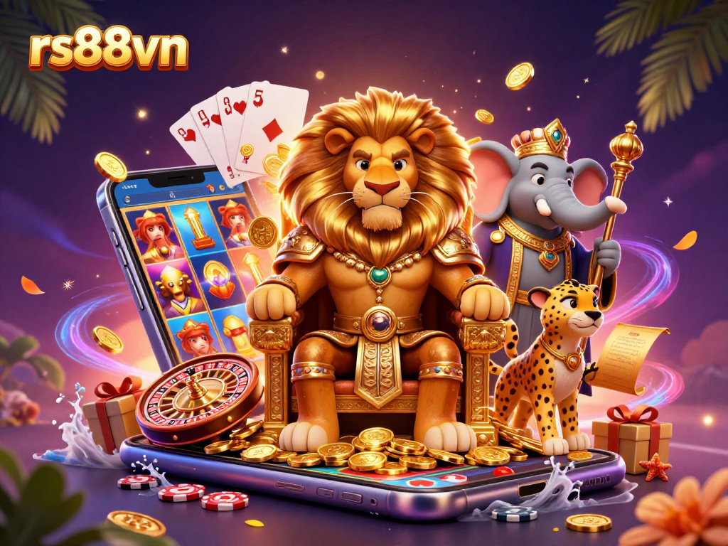 Experience the excitement at rs88vn with vibrant slot games and dynamic casino elements in this lively illustration.