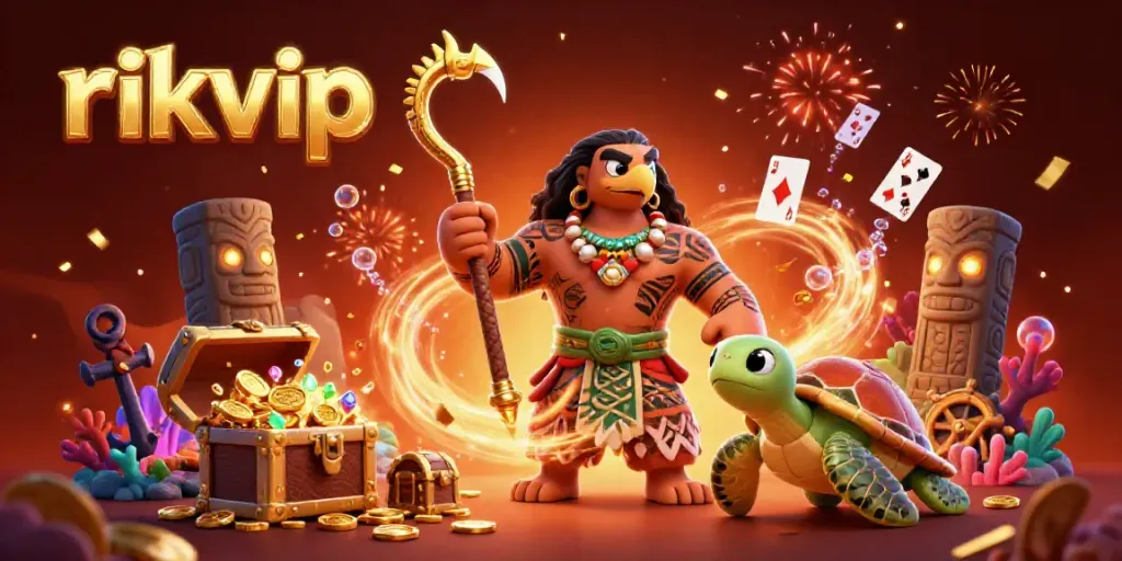 Engage with rikvip in a vibrant online gaming scene featuring a demigod and colorful treasures.