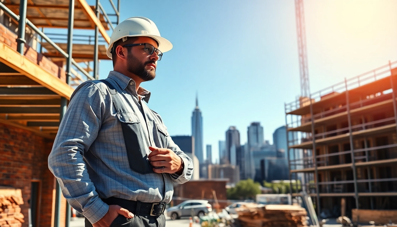 New Jersey General Contractor inspecting a construction site with urban skyline in the background.