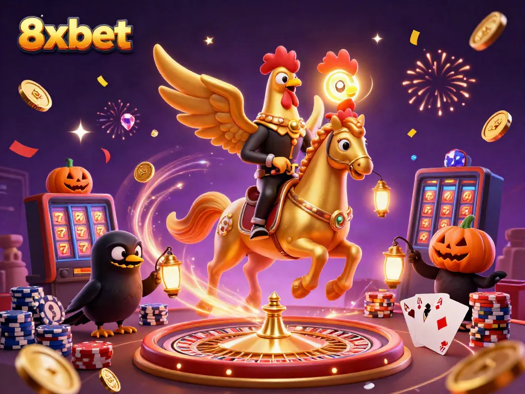 Win big with 8xbet at a magical casino featuring golden roosters and festive elements.