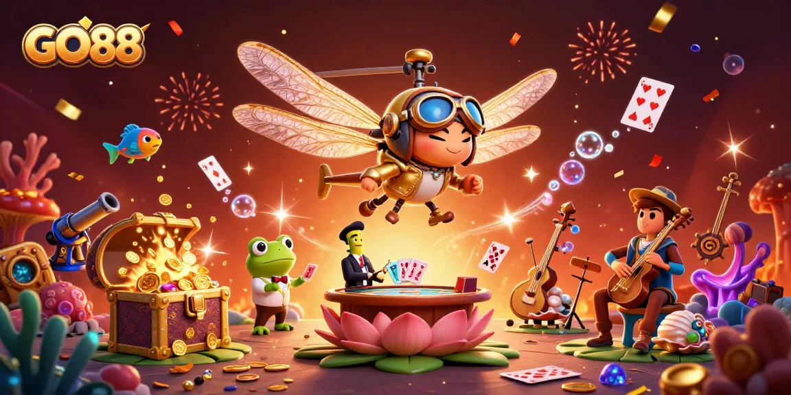 Experience GO88 action with a vibrant 3D casino scene featuring a dragonfly pilot and frog croupier.