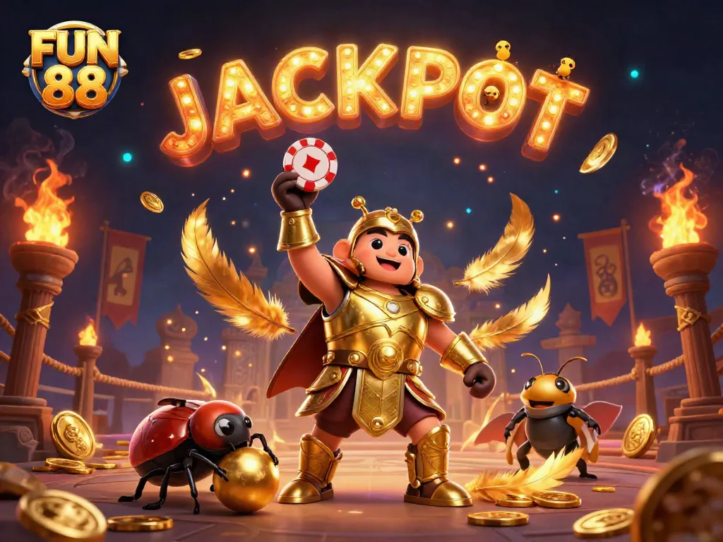 Experience the excitement of FUN 88 as a beetle hero lifts a poker chip, symbolizing victory.