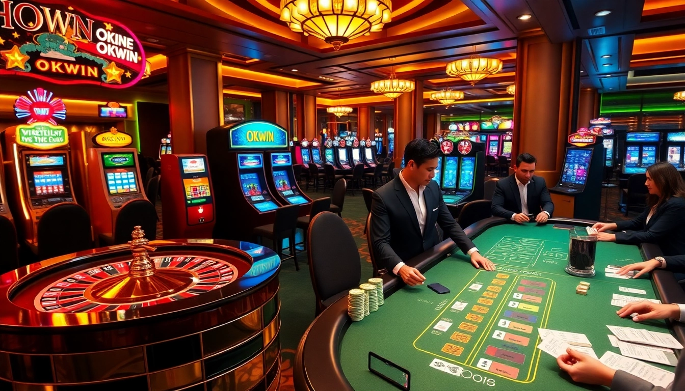 Players enjoying an exciting game at the OKWIN casino with slot machines and poker tables.