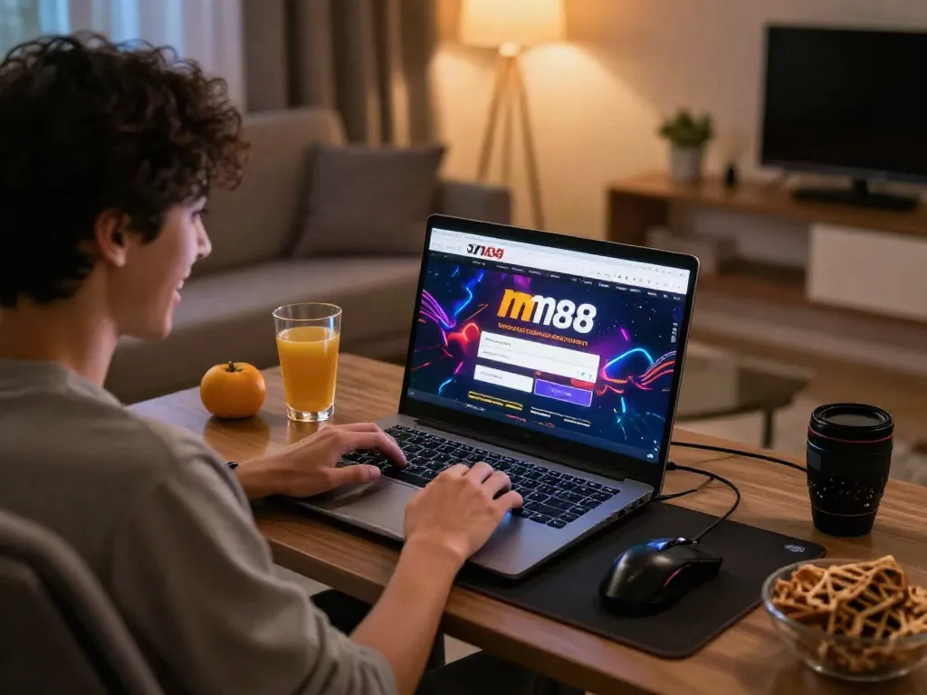 M88 Login alternatif user engaging with online betting platform in cozy room