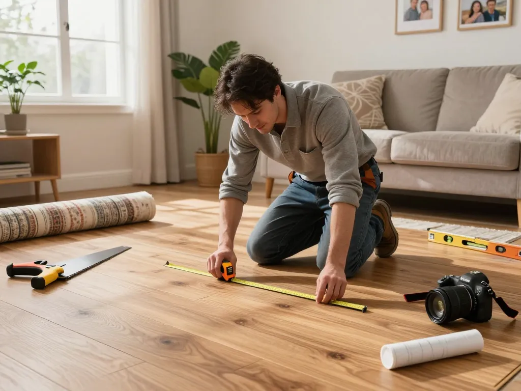 Flooring specialists near me installing hardwood flooring in a cozy living room.