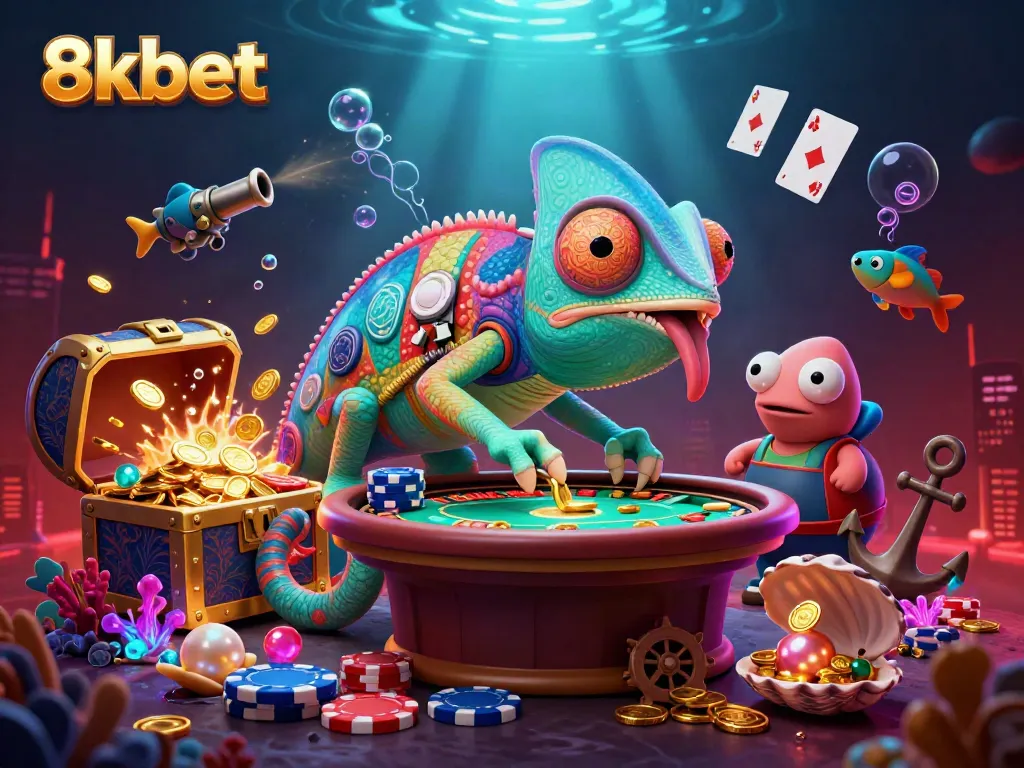 8xbet chameleon casino owner surrounded by casino elements in a vibrant underwater scene