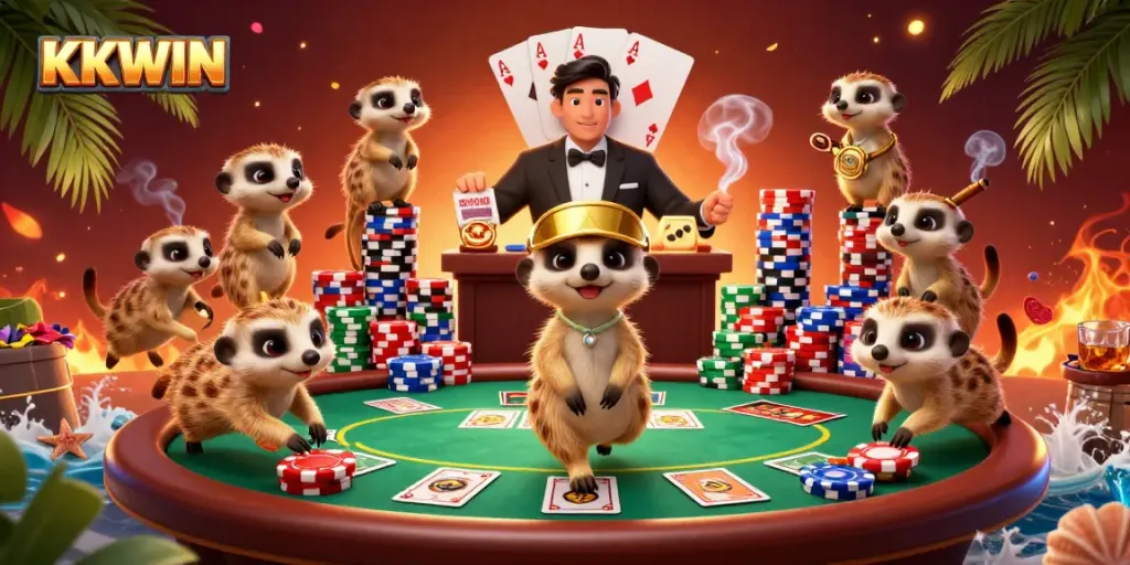 Engage with KKWIN's vibrant casino scene, featuring meerkats managing card games and poker chips.