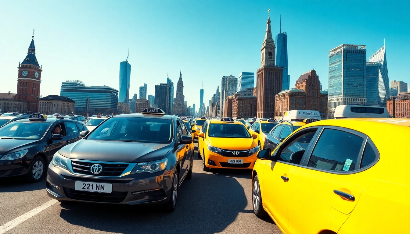 Minicabs ready for passenger pickup in a vibrant city setting.