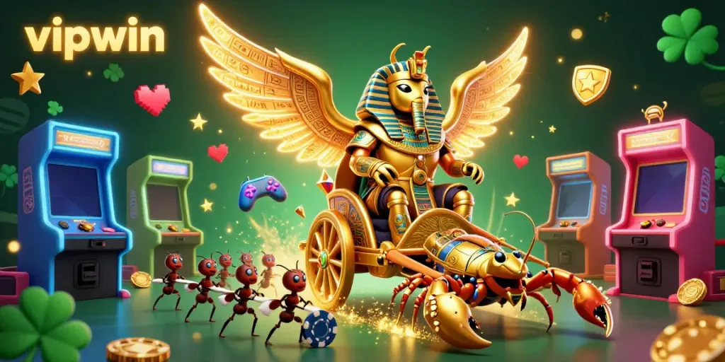 Experience the thrill of vipwin with a vibrant 3D scene featuring a colossal golden scarab and poker fun.