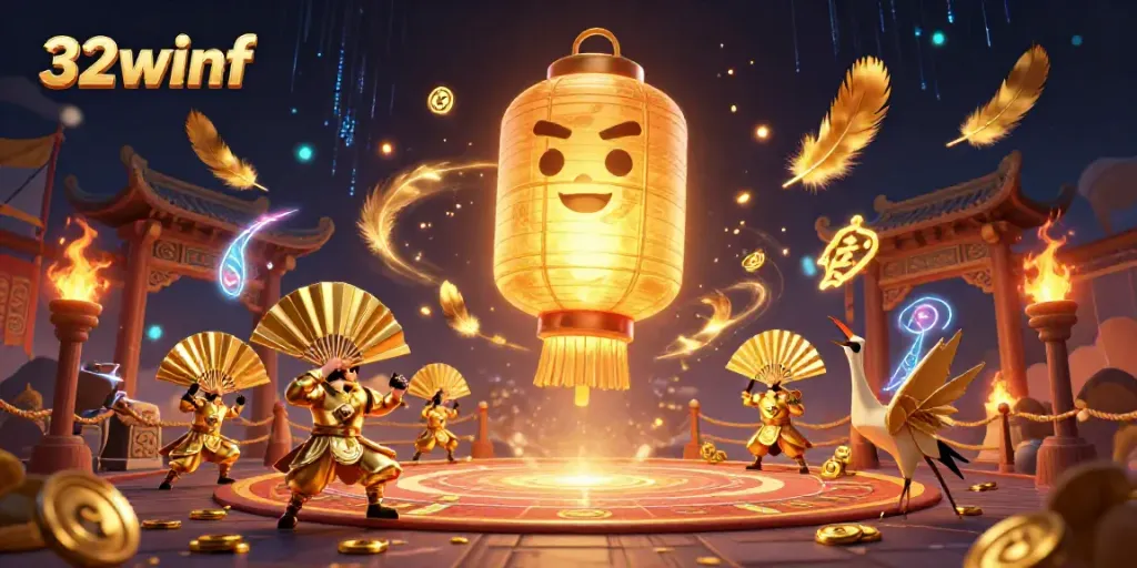 Experience the excitement of 32winf with vibrant casino scenes and dynamic golden lantern spirits in action.