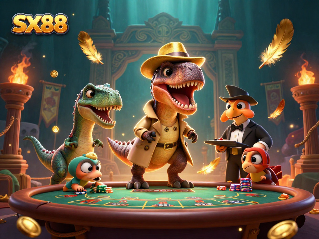 SX88 velociraptor card counter at blackjack table with stegosaurus pit boss in vibrant casino scene