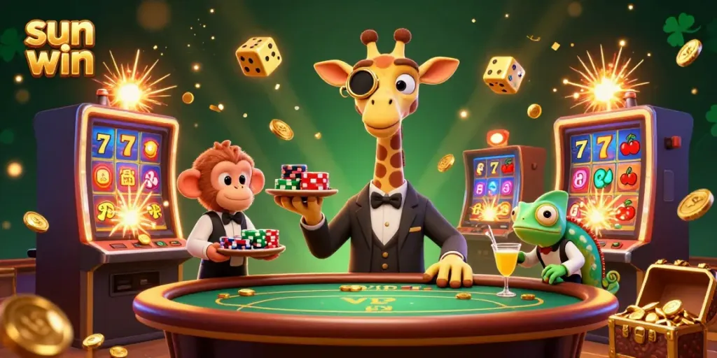 Experience the thrill of sun win with a 3D illustration of a high-roller giraffe at a poker table surrounded by dynamic casino elements.
