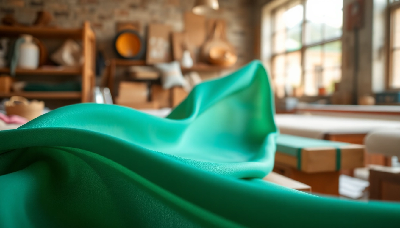 Viscose stof met luxe afwerking en levendige kleuren in een ambachtelijke werkplaats.