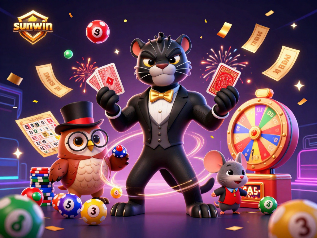 Engage with sunwin as dynamic characters celebrate winning moments in a vibrant casino scene.