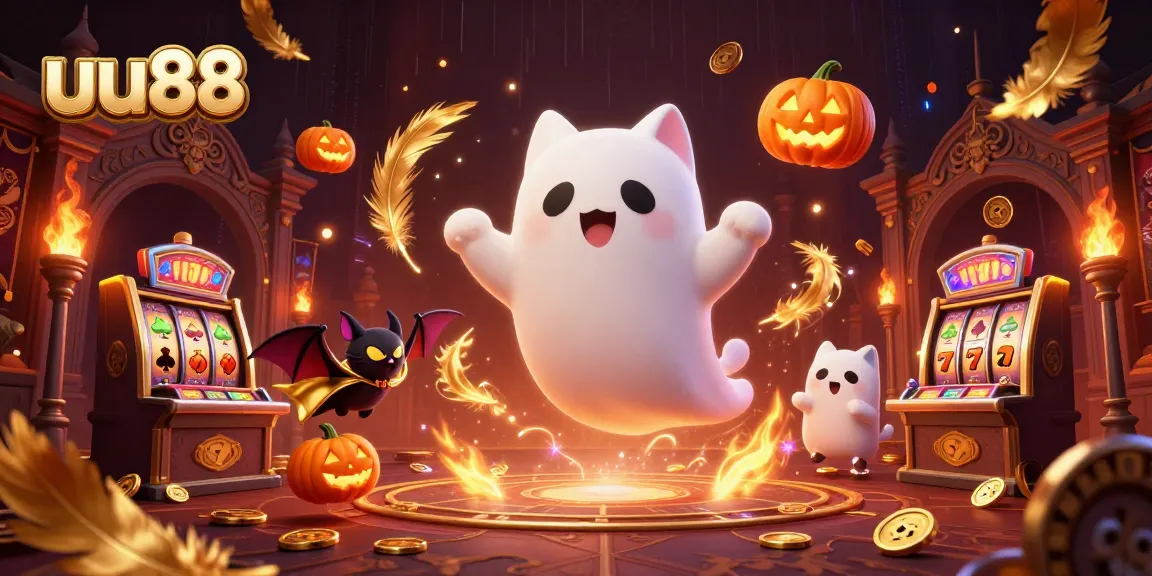 Experience thrilling slots action at uu88 with ghost cat and vampire bat in a haunted casino.