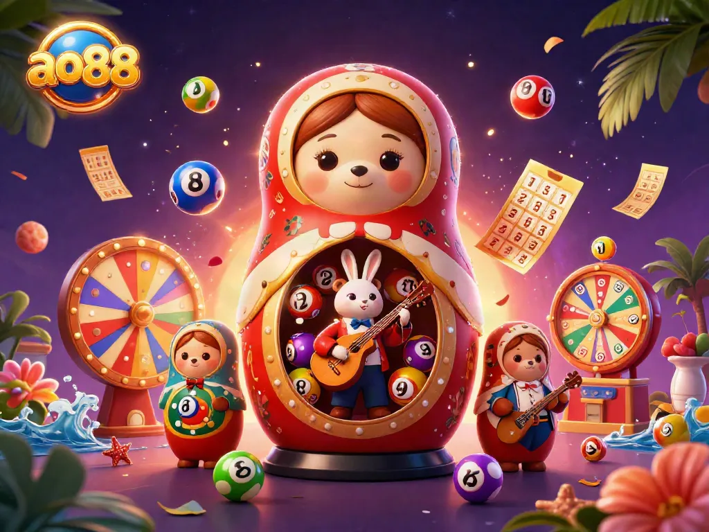 Play exciting games at ao88 with colorful lottery elements and casino characters in a vibrant setting.