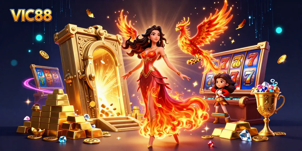 Experience the thrill of VIC88 slots with dynamic treasures and gaming elements in this vibrant 3D illustration.